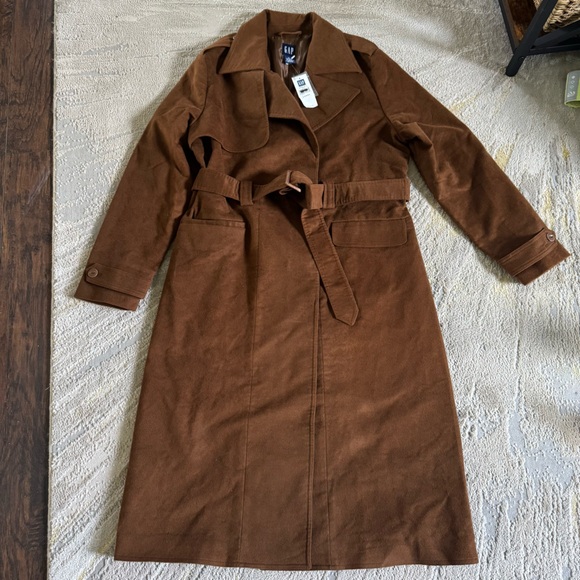 Gap long brown faux suede trench coat belted jacket large new - Picture 6 of 10
